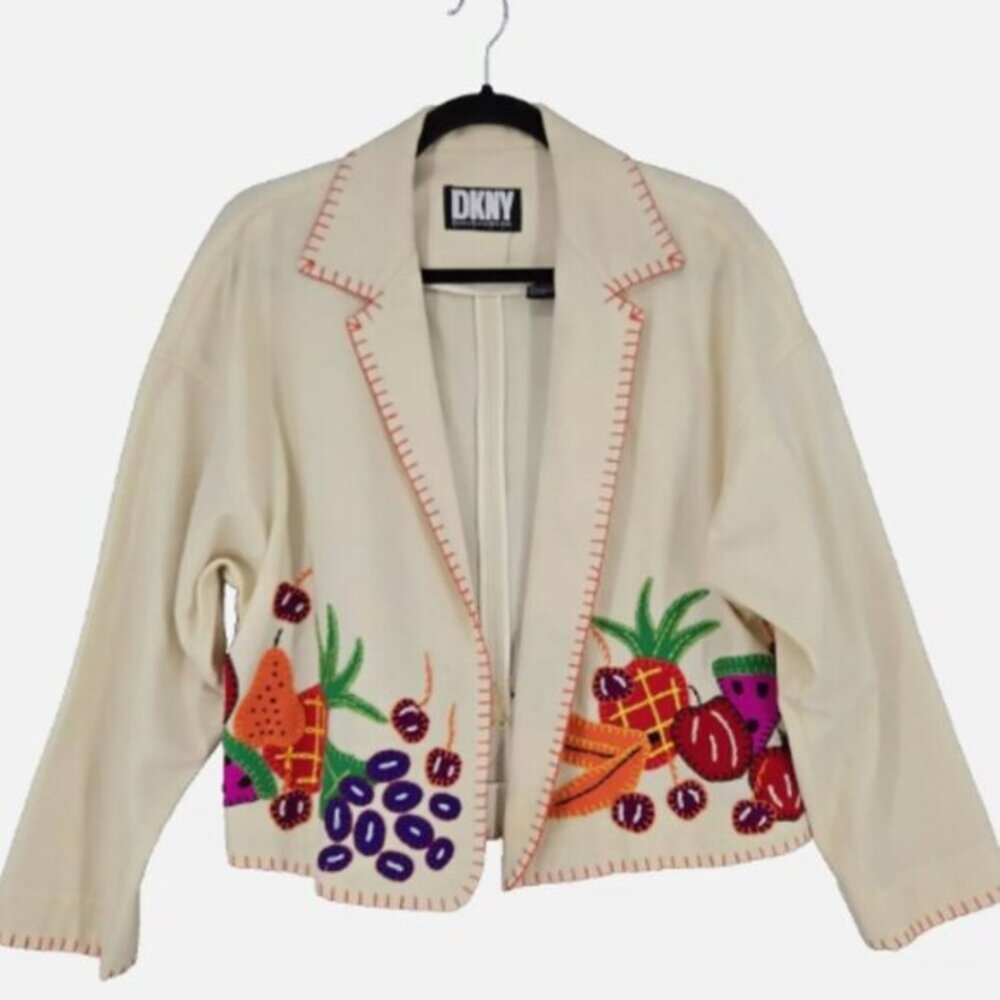Vintage DKNY Womens Runway Collection Wool White Fruit Blazer Jacket XS Small